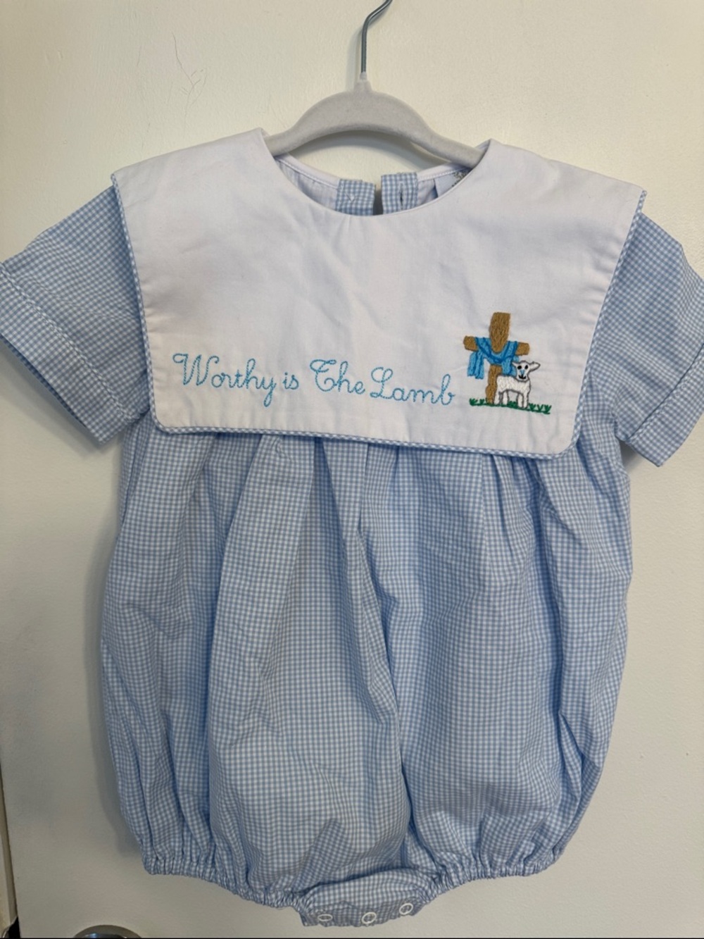 Worthy is the Lamb Blue Gingham Baby One-Piece